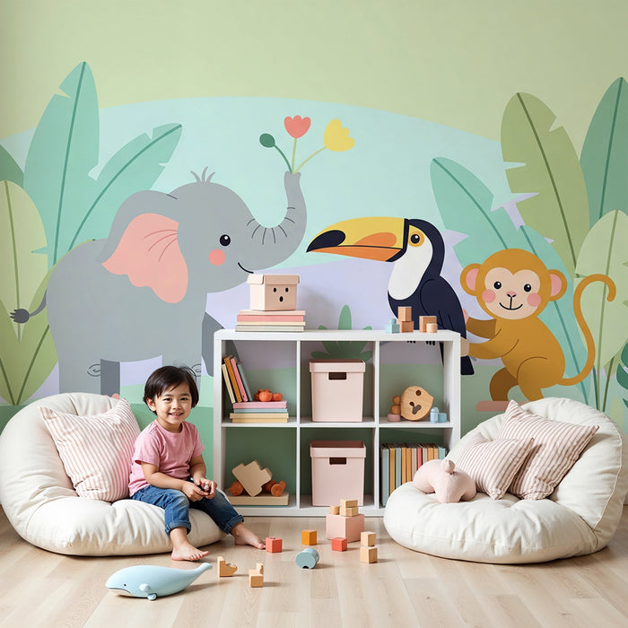 Barntapet | Djungeldjur med elefant, tukan och apa