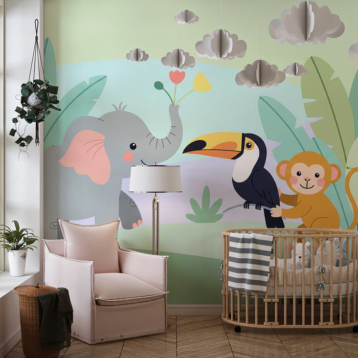 Barntapet | Djungeldjur med elefant, tukan och apa