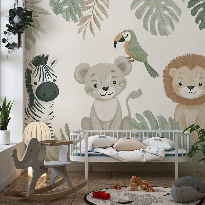 Papier peint chambre bébé | Animaux de la jungle avec feuilles tropicales