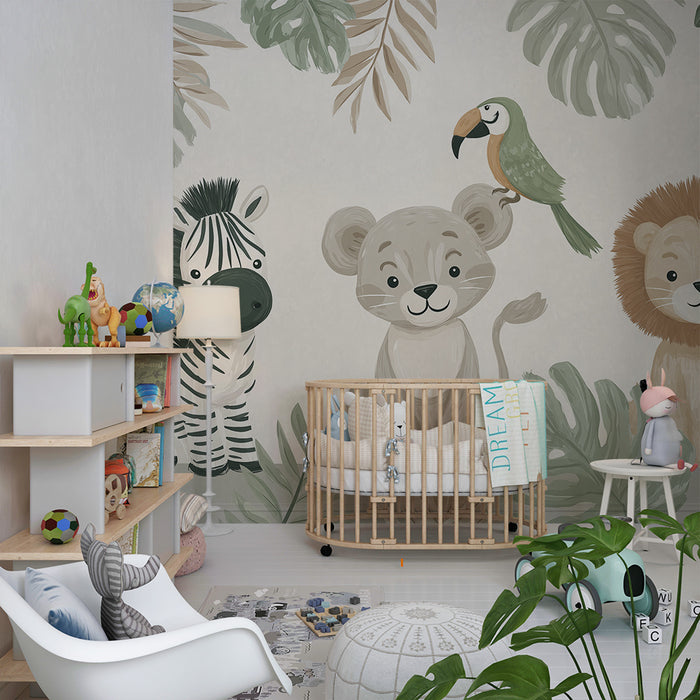 Papier peint chambre bébé | Animaux de la jungle avec feuilles tropicales