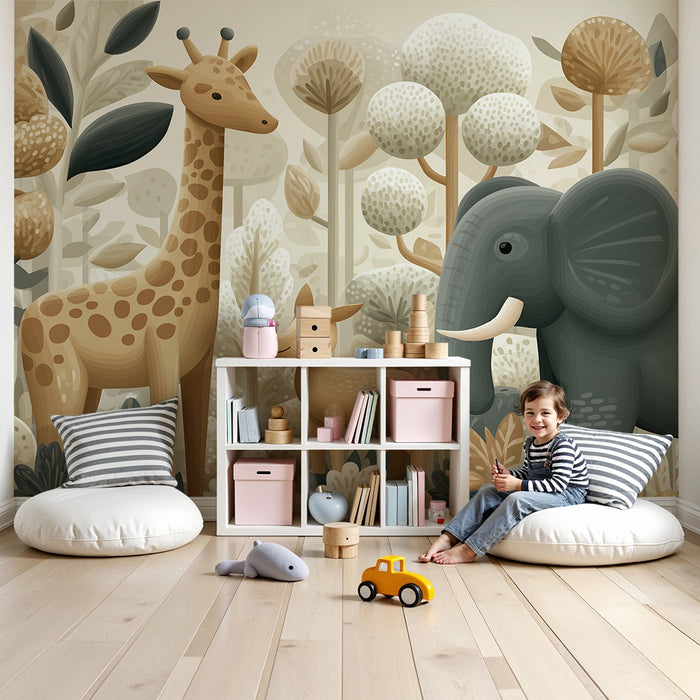Nursery room wallpaper | Jungle animals with giraffe, elephant, and fawn