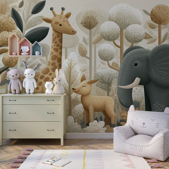 Nursery room wallpaper | Jungle animals with giraffe, elephant, and fawn
