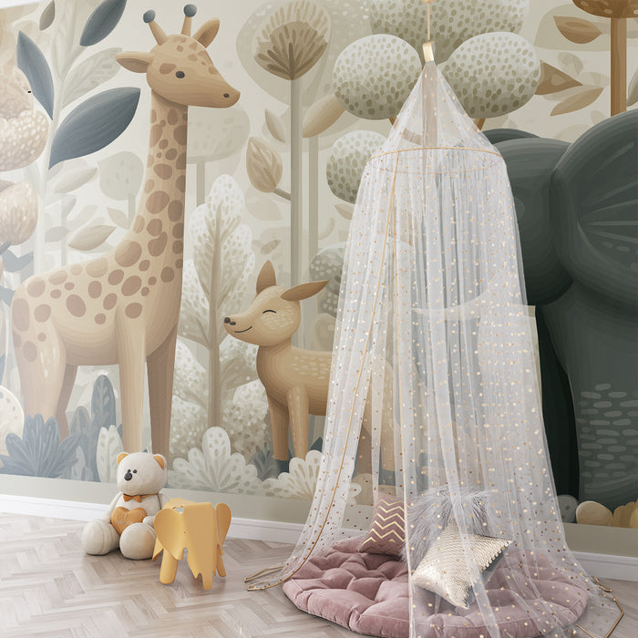 Nursery room wallpaper | Jungle animals with giraffe, elephant, and fawn