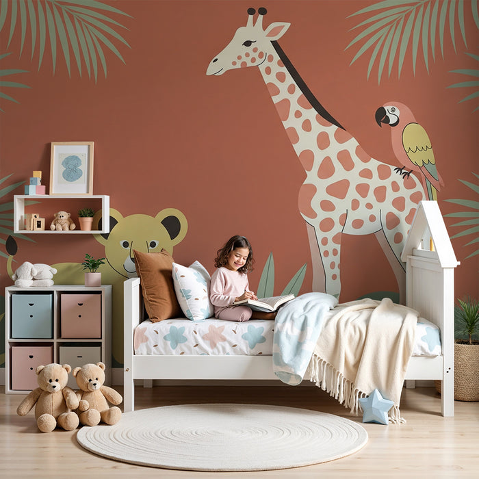 Barntapet | Djungeldjur med giraff, lejonunge och färgglad papegoja