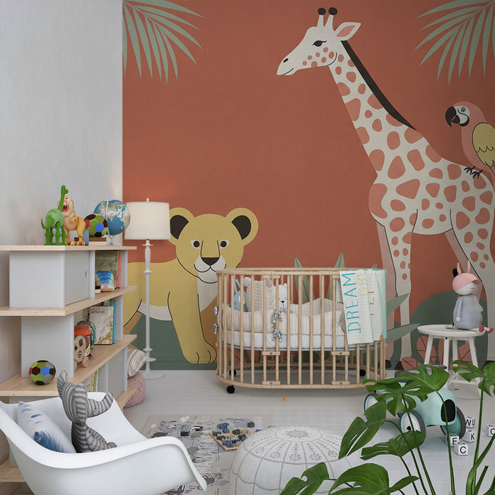 Barntapet | Djungeldjur med giraff, lejonunge och färgglad papegoja