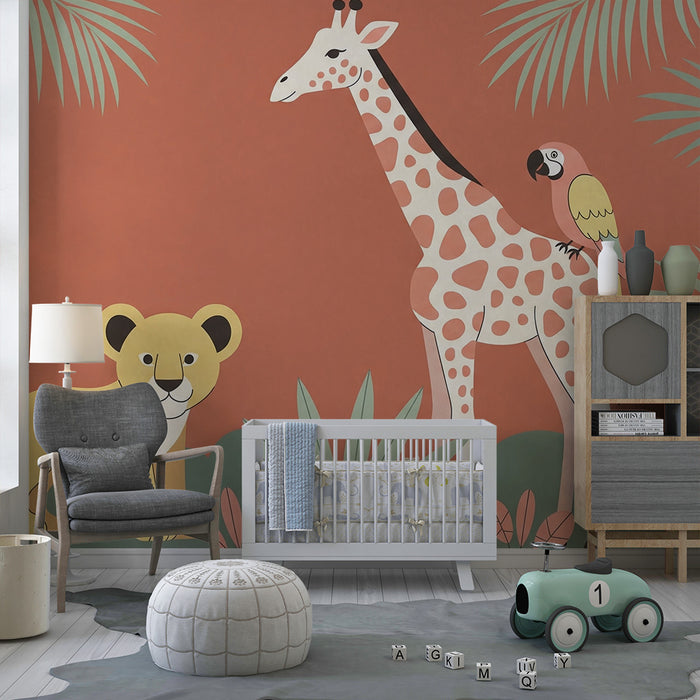 Barntapet | Djungeldjur med giraff, lejonunge och färgglad papegoja