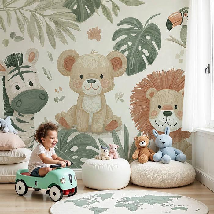 Papel de parede quarto bebê | Animais da selva com um zebra, um leão e um urso