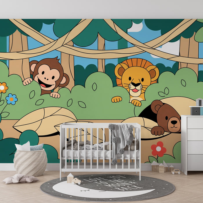 Nursery room wallpaper | Playful jungle animals