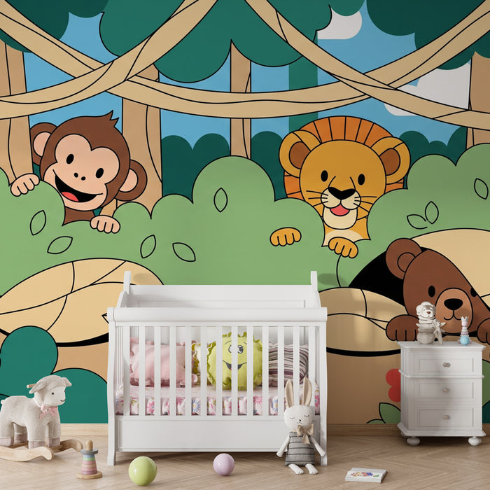 Nursery room wallpaper | Playful jungle animals
