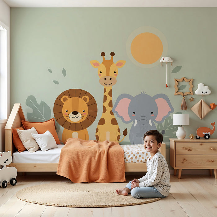 Papier peint chambre bébé | Animaux de la jungle souriants : lion, girafe et éléphant