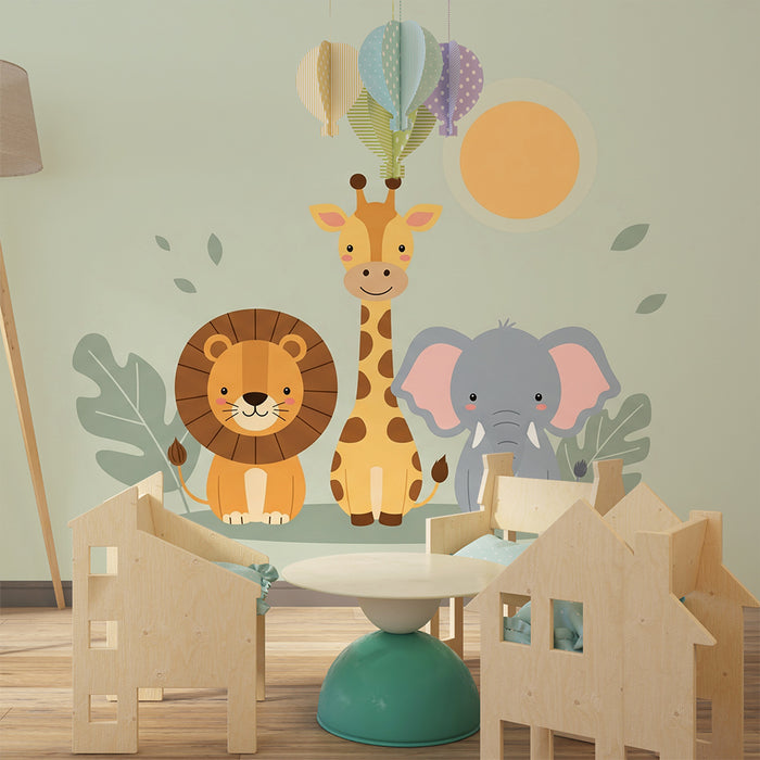 Papier peint chambre bébé | Animaux de la jungle souriants : lion, girafe et éléphant