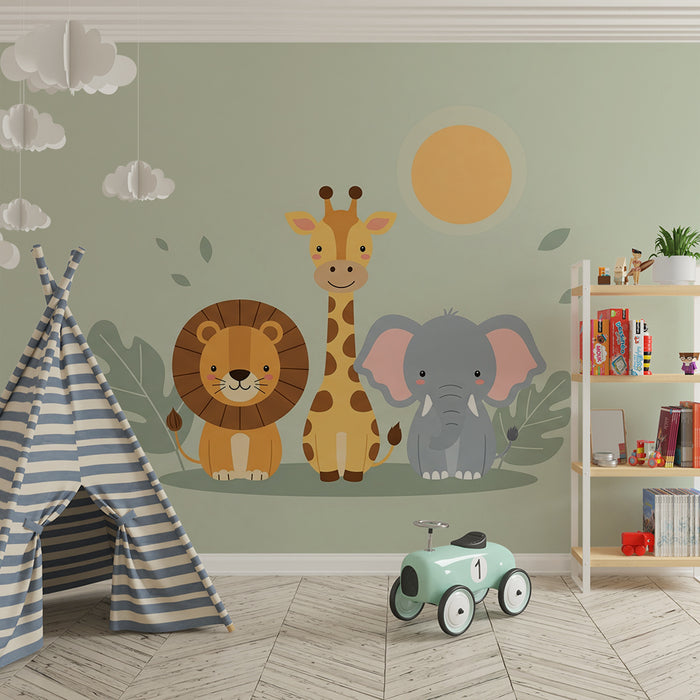 Papier peint chambre bébé | Animaux de la jungle souriants : lion, girafe et éléphant