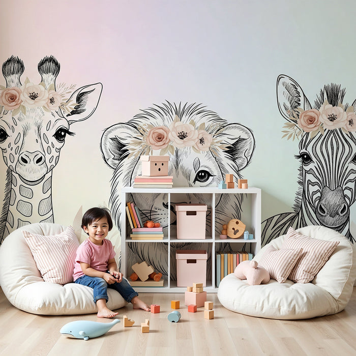 Barntapet | Djur från savannen med blomsterkransar