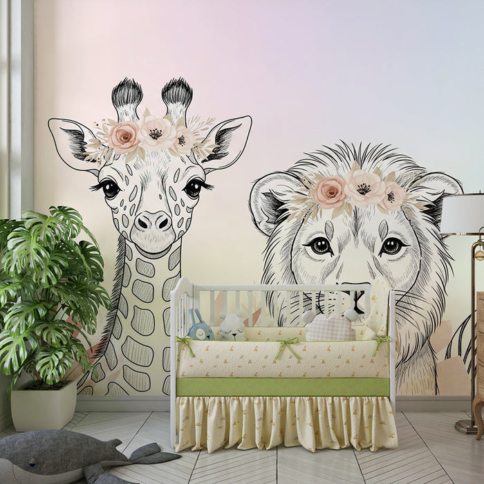 Barntapet | Djur från savannen med blomsterkransar