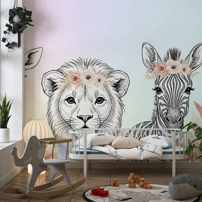 Barntapet | Djur från savannen med blomsterkransar