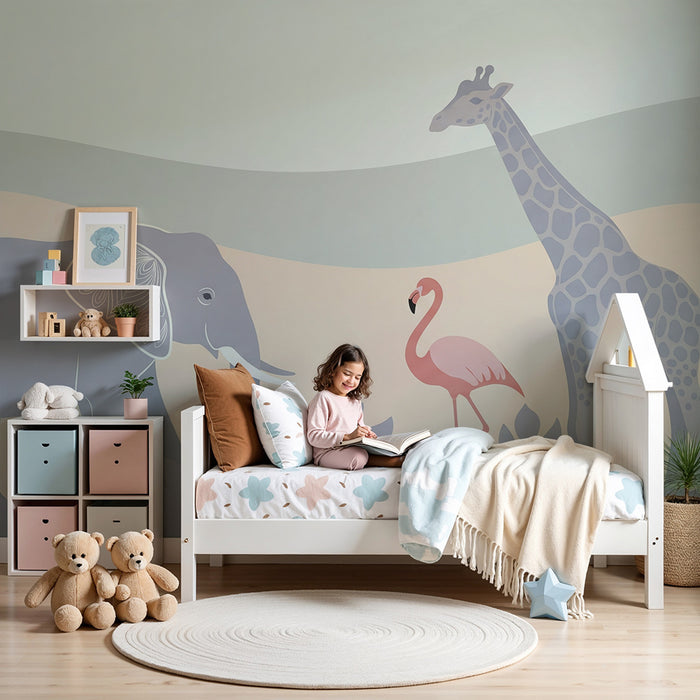 Barntapet | Savannens djur med elefant, flamingo och giraff