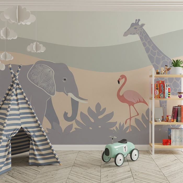 Barntapet | Savannens djur med elefant, flamingo och giraff