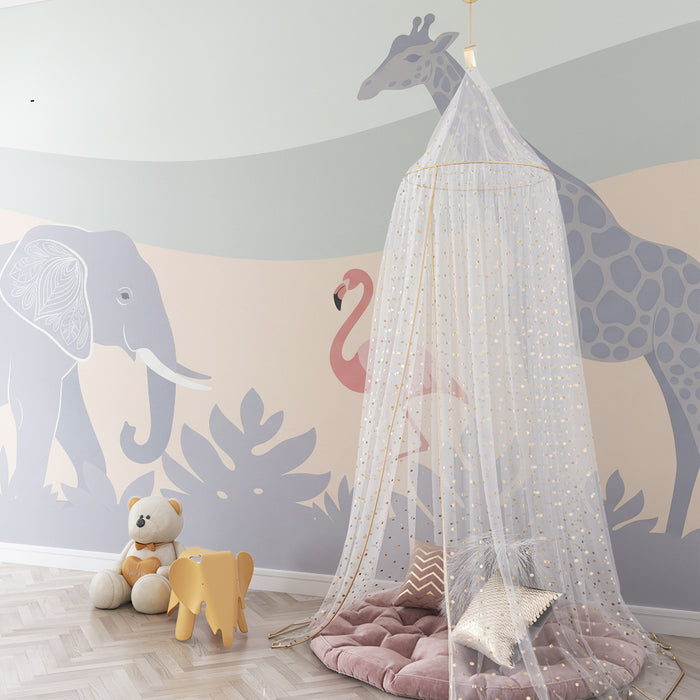 Barntapet | Savannens djur med elefant, flamingo och giraff