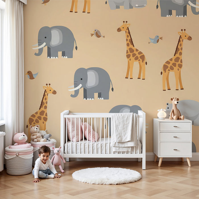 Papel de parede para quarto de bebé | Animais da savana com elefantes e girafas coloridos