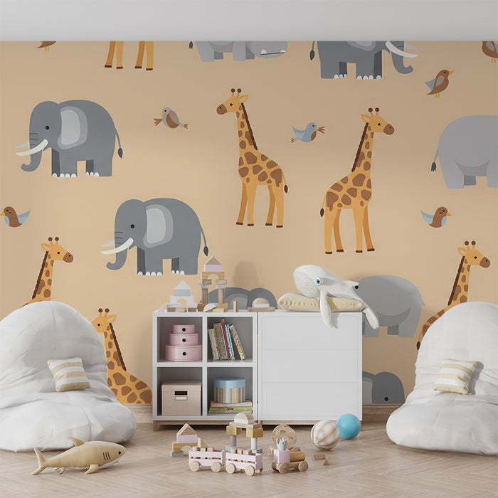 Papel de parede para quarto de bebé | Animais da savana com elefantes e girafas coloridos