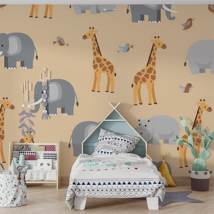 Papel de parede para quarto de bebé | Animais da savana com elefantes e girafas coloridos