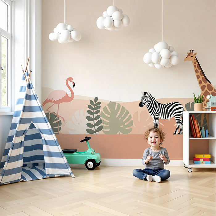 Barntapet | Savannens djur med flamingo, zebra och giraff