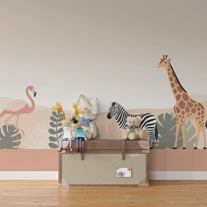 Barntapet | Savannens djur med flamingo, zebra och giraff