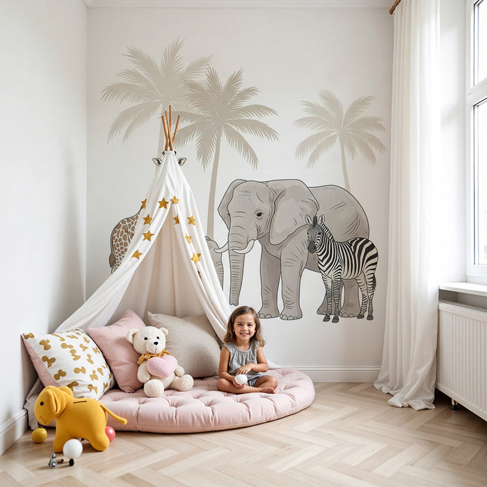 Barntapet | Savannens djur med giraff, elefanter och zebror under palmer