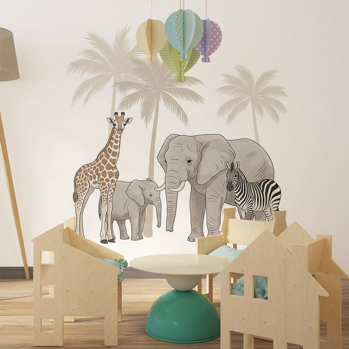 Barntapet | Savannens djur med giraff, elefanter och zebror under palmer