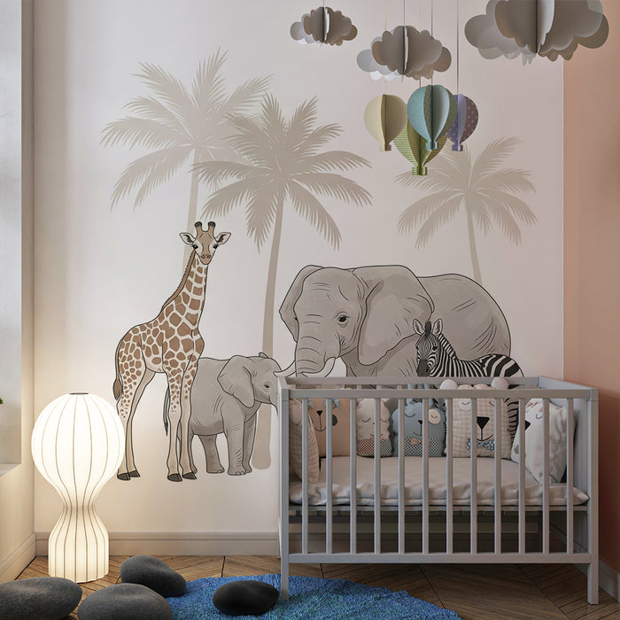 Barntapet | Savannens djur med giraff, elefanter och zebror under palmer