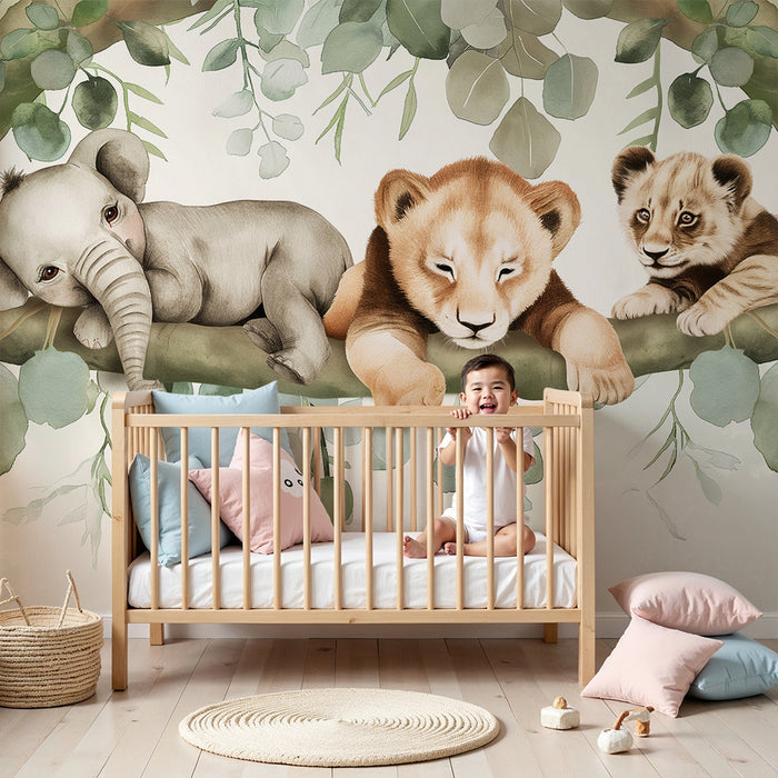 Nursery room wallpaper | Savanna animals on a branch with soft foliage
