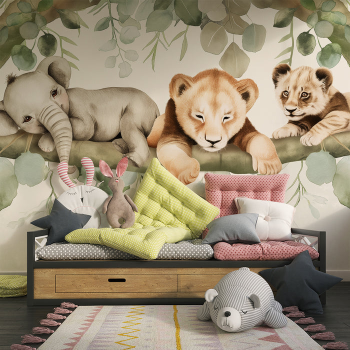 Nursery room wallpaper | Savanna animals on a branch with soft foliage