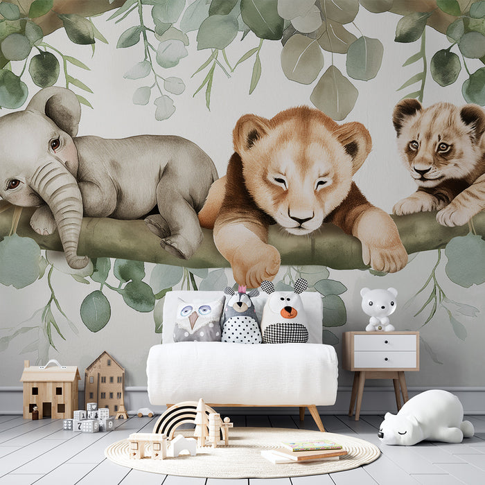Nursery room wallpaper | Savanna animals on a branch with soft foliage