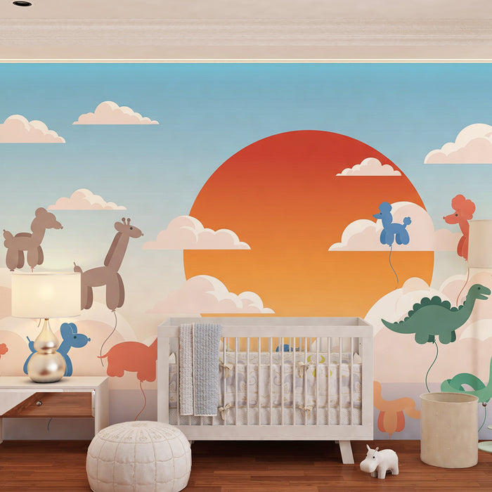 Babykamer behang | Dieren in zwevende ballonnen onder een kleurrijke lucht