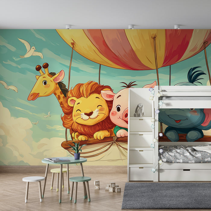 Papier peint chambre bébé | Animaux en montgolfière dans les nuages