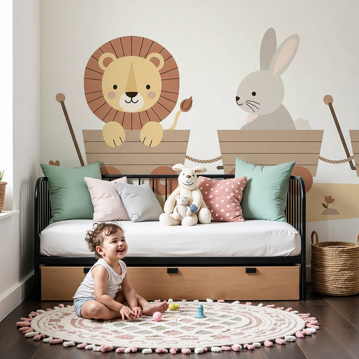 Nursery room wallpaper | Animals in a wagon for an enchanted adventure