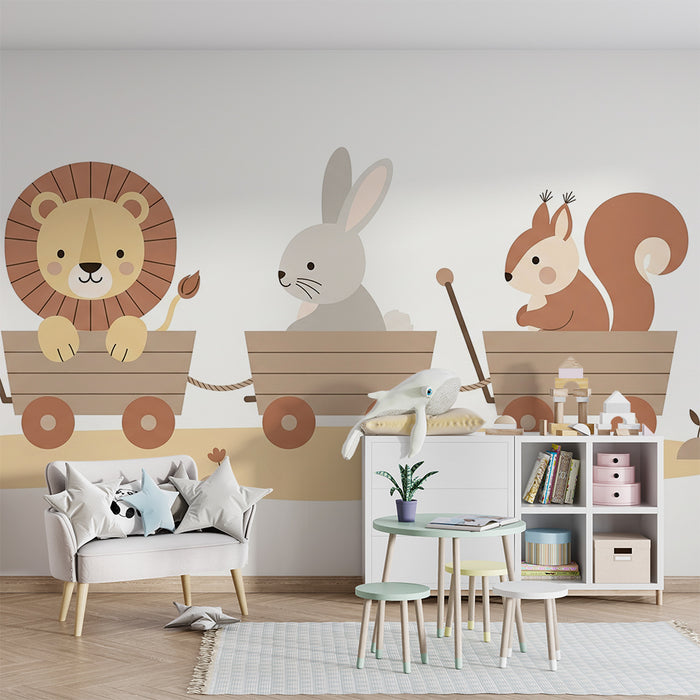 Nursery room wallpaper | Animals in a wagon for an enchanted adventure