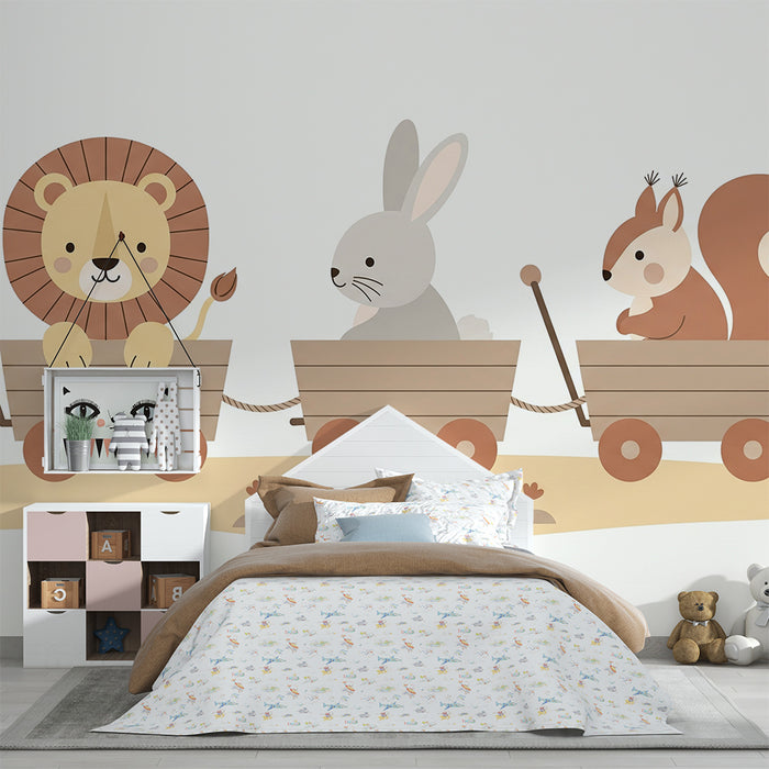 Nursery room wallpaper | Animals in a wagon for an enchanted adventure