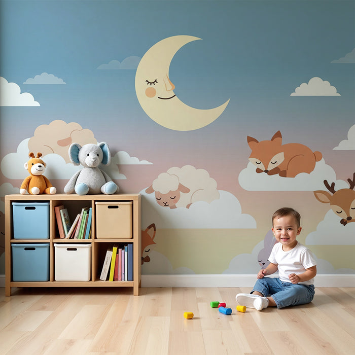 Carta da parati bambini | Animali addormentati tra le nuvole sotto la luna