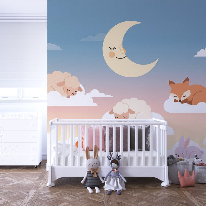 Carta da parati bambini | Animali addormentati tra le nuvole sotto la luna