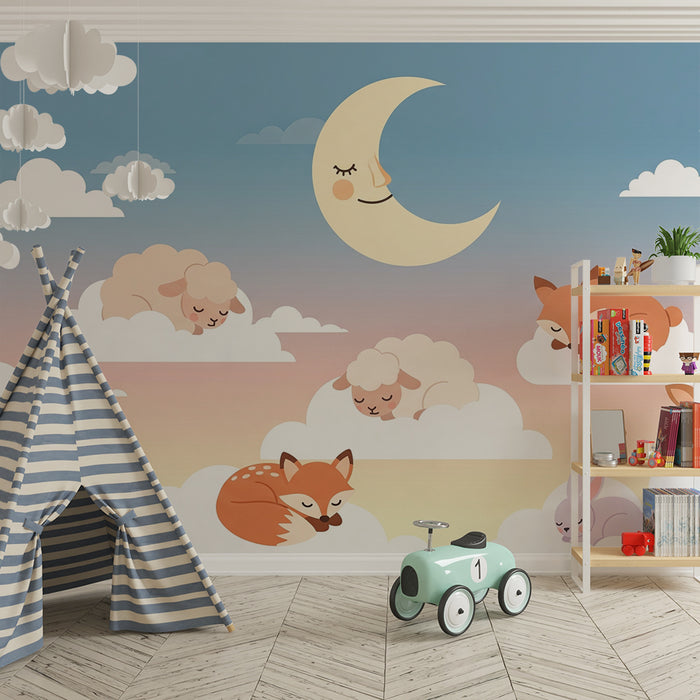 Carta da parati bambini | Animali addormentati tra le nuvole sotto la luna