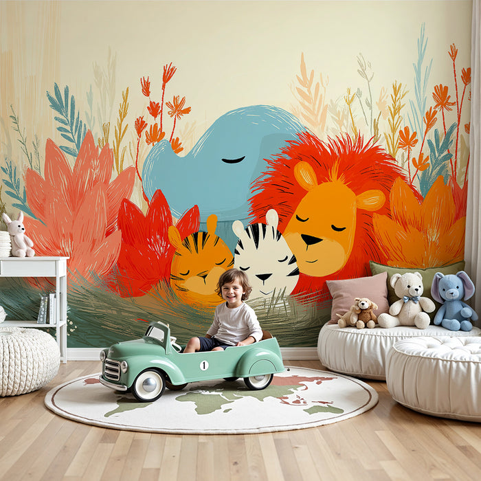 Papel de parede quarto bebê | Заспали животни в оцветена градина