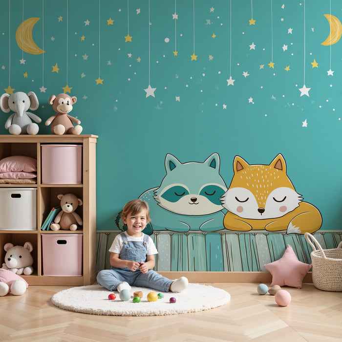 Papier peint chambre bébé | Animaux mignons sous les étoiles