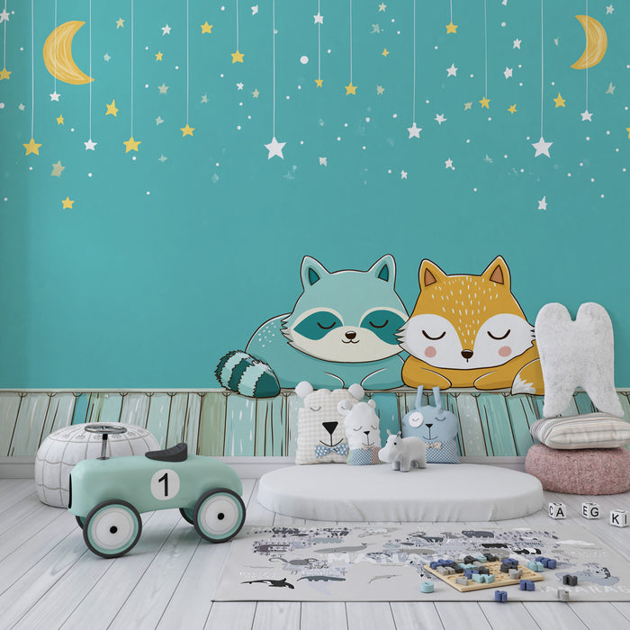 Papier peint chambre bébé | Animaux mignons sous les étoiles