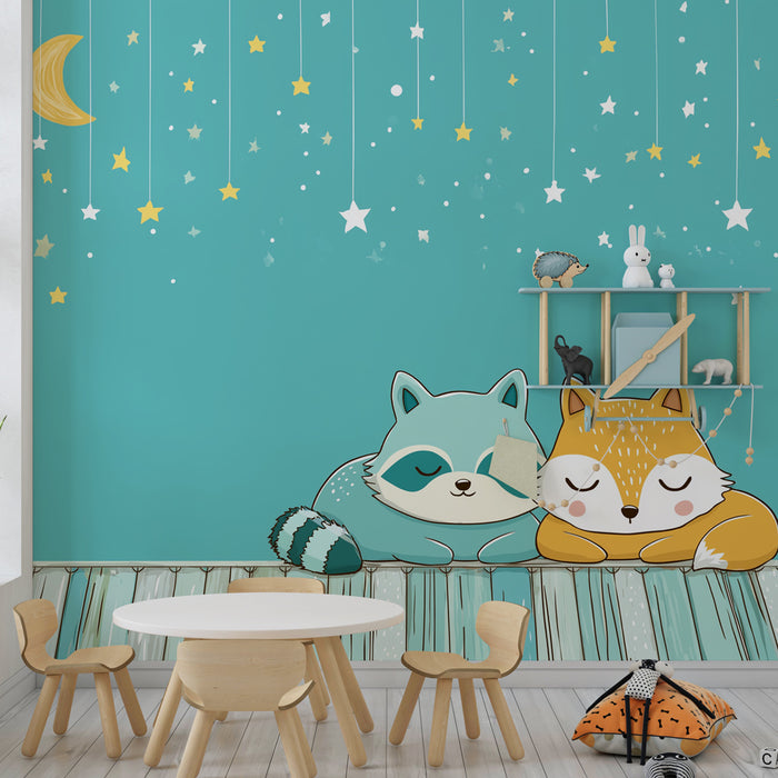 Papier peint chambre bébé | Animaux mignons sous les étoiles