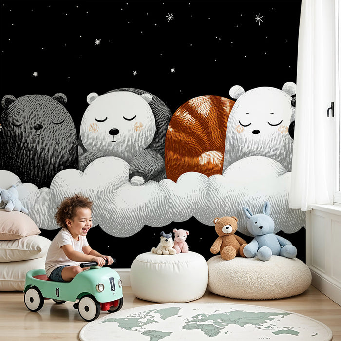 Nursery room wallpaper | Sleeping animals on clouds under a starry sky