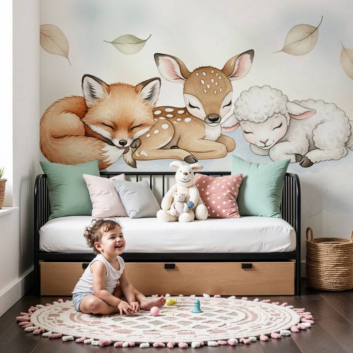 Papier peint chambre bébé | Animaux endormis sur un nuage