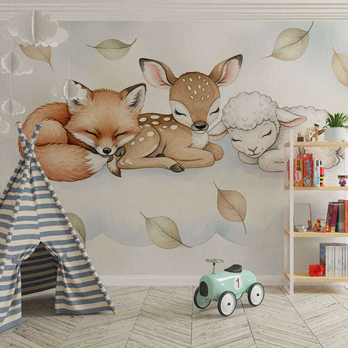 Papier peint chambre bébé | Animaux endormis sur un nuage