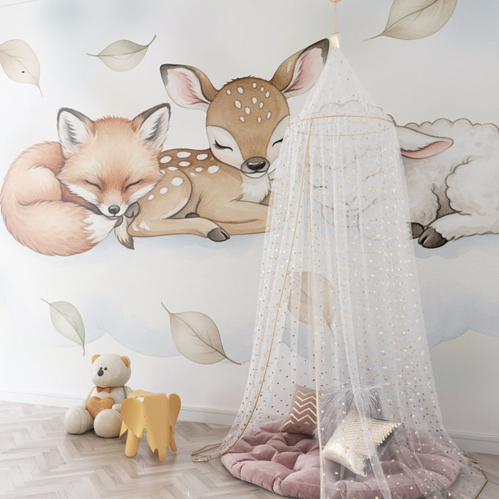 Papier peint chambre bébé | Animaux endormis sur un nuage