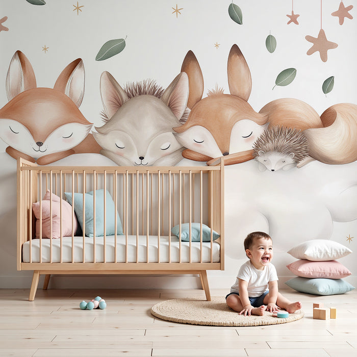 Barntapet | Sovande djur på ett moln med delikata löv